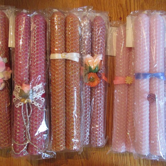 Random Pick, 1 Pair, 8" Bees Wax Candles, Decorated, Pink, Orange, Red, Coral - Picture 2 of 5